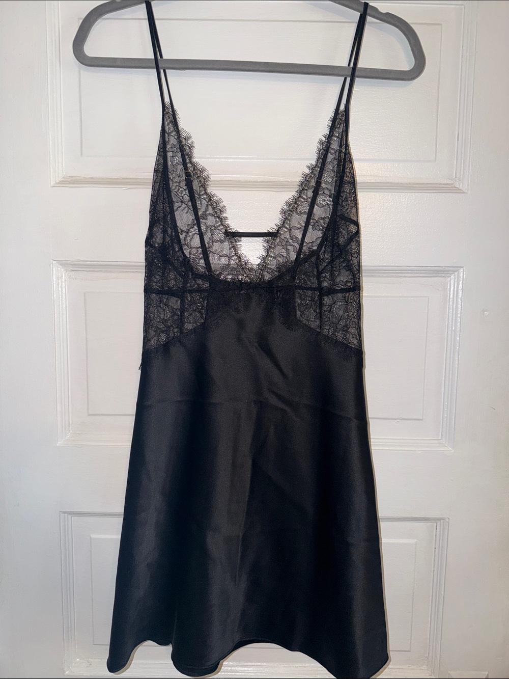 Victoria's Secret Black Satin Slip with Lace V-Neck